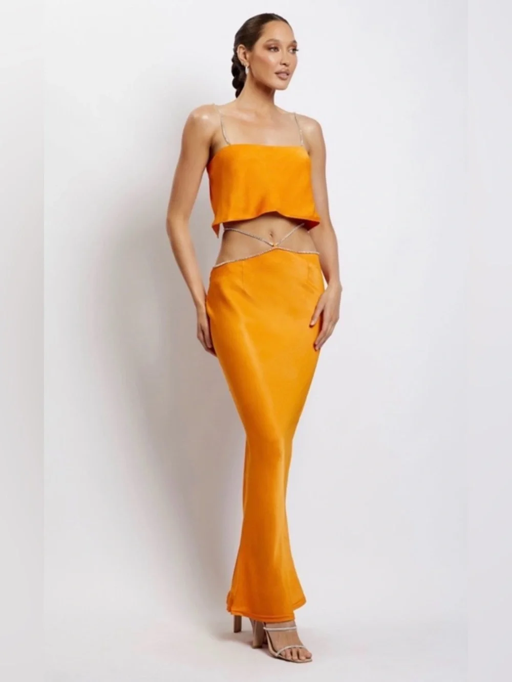 New Meshki Dayana Satin Diamante Skirt Set Mandarin Orange – Size Small - Picture 1 of 16